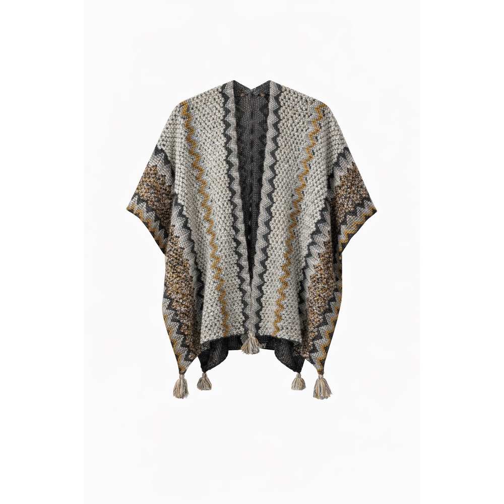Michael Stars Textured Knit Poncho Cardigan Gray Black Tassel Open Front‎ OSFM
